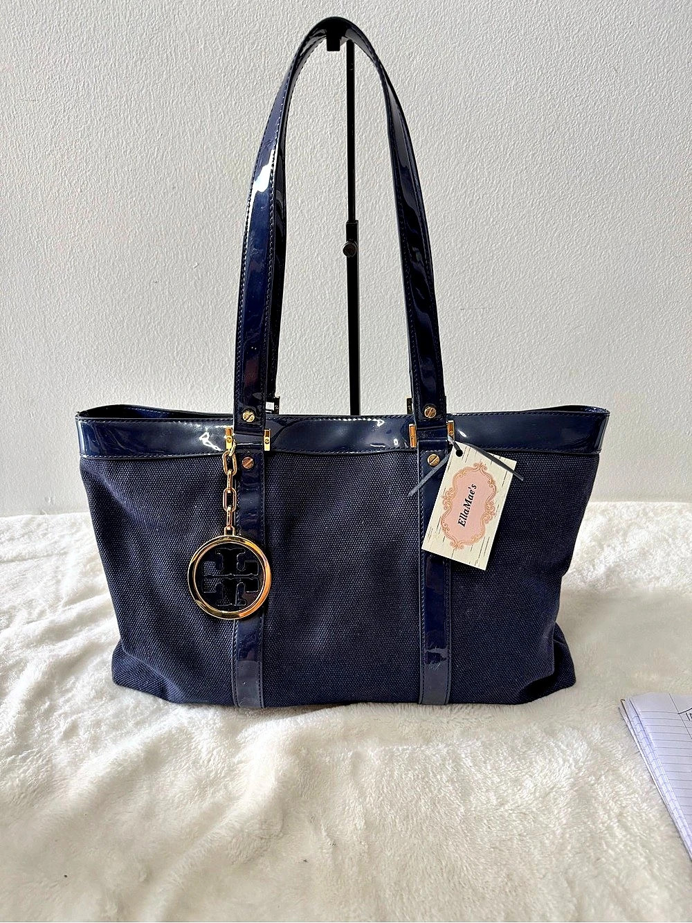 Tory Burch Patent Trim/ Canvas Large Tote~Navy Blue